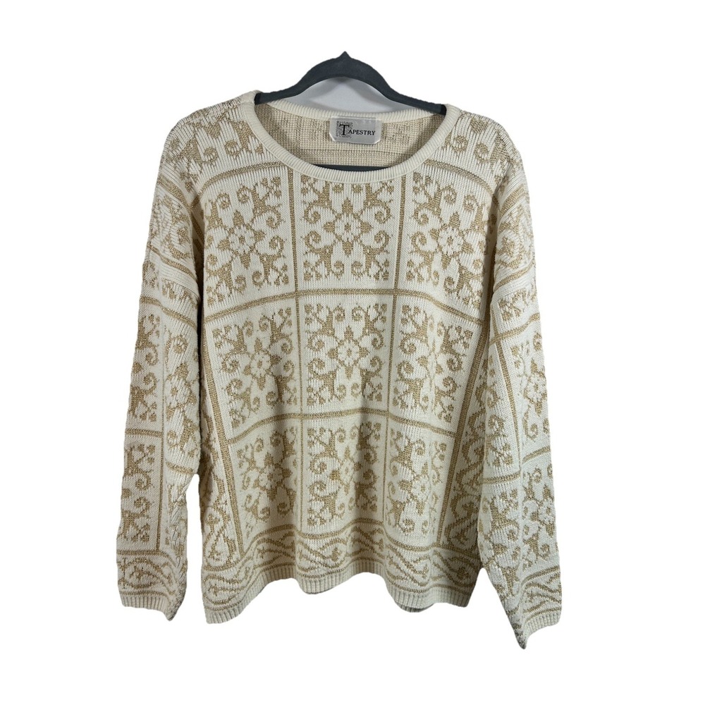 VTG Tapestry Gold Metallic Knit Sweater Lurex Cream Damask‎ Boho Grandmacore M/L